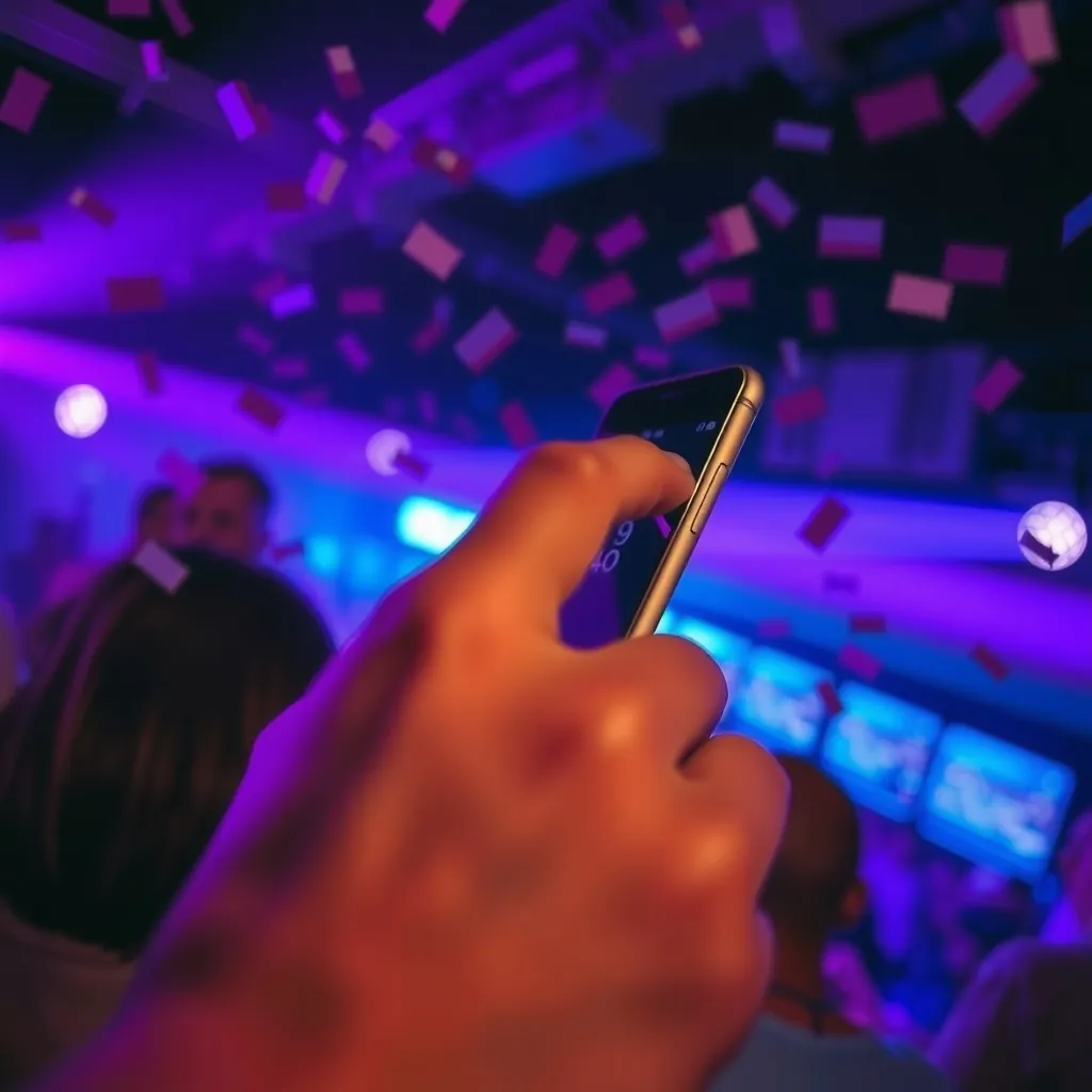 Mano con un teléfono en una fiesta